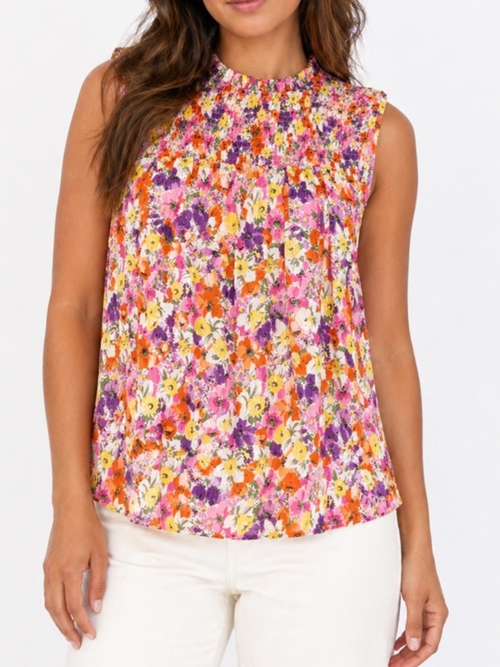 Maison d’Amelie Floral Smocked Blouse Sleeveless Clip Dot Top XS
